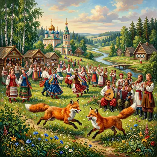 Foxes Frolicking in Slavic Landscape - Traditional Festival Scene