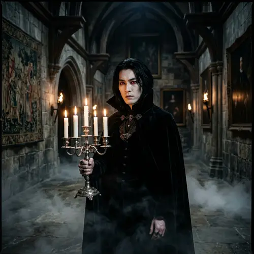 Ethereal Dark Fantasy Vampire in Gothic Castle