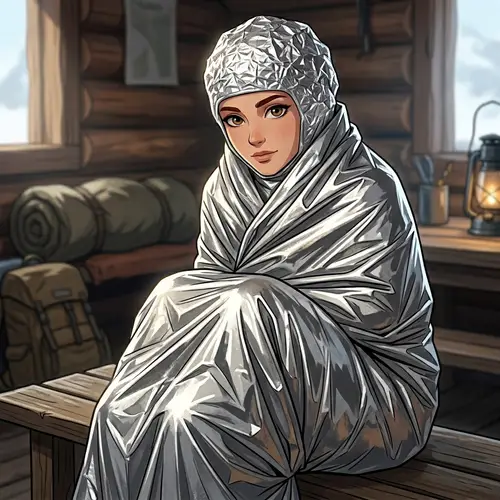 Kate McCrae in Silver Survival Blanket Art