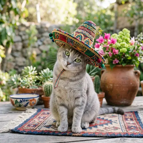 Playful Cat Wearing Mexican Hat - Vibrant and Adorable Scene