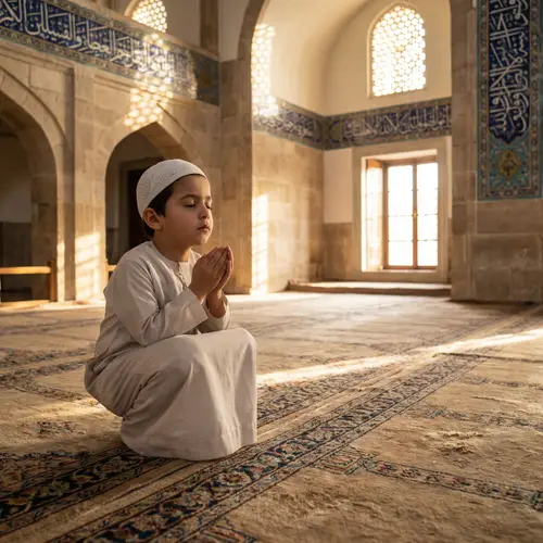 Young Middle-Eastern Boy in Traditional Hat Contemplating in Mosque