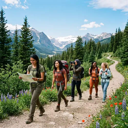 Diverse Women's Group Journeying in Mountain Landscape