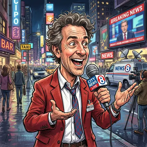 Middle-Aged News Reporter Caricature Illustration