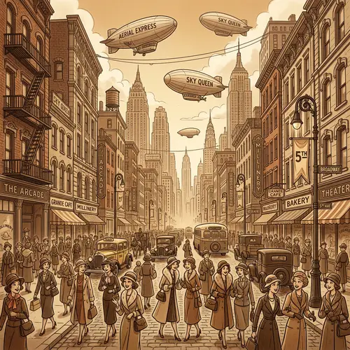 Vintage Urban Scene with Towering Structures & Airships