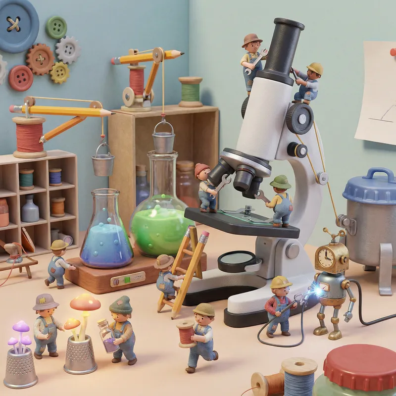 Whimsical 3D Cartoon Lab Scene with Tiny Workers