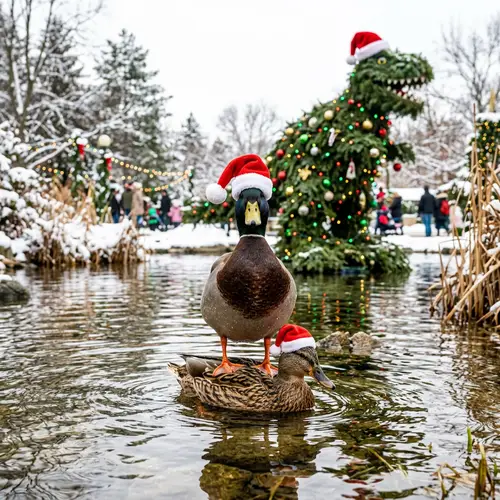 Festive Duck Wearing Santa Hats | Unique New Year Scene