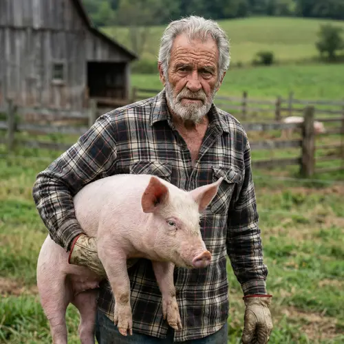 Muscular Older Man Holding Pink Farm Pig: Rural Tales