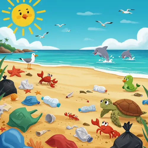 Disney Style Beach with Trash Illustration