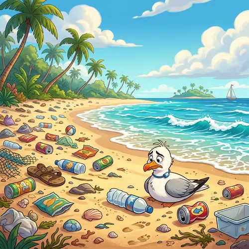Disney Style Beach with Trash Illustration