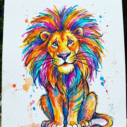 Teenager's Bright Lion Watercolor Painting