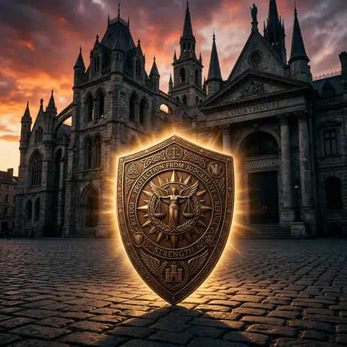 Protection from Judgement: Symbolic Shield Entwined with Scales of Justice