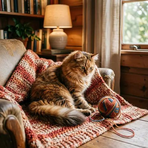 Cozy Cat in Warm Room with Yarn Ball
