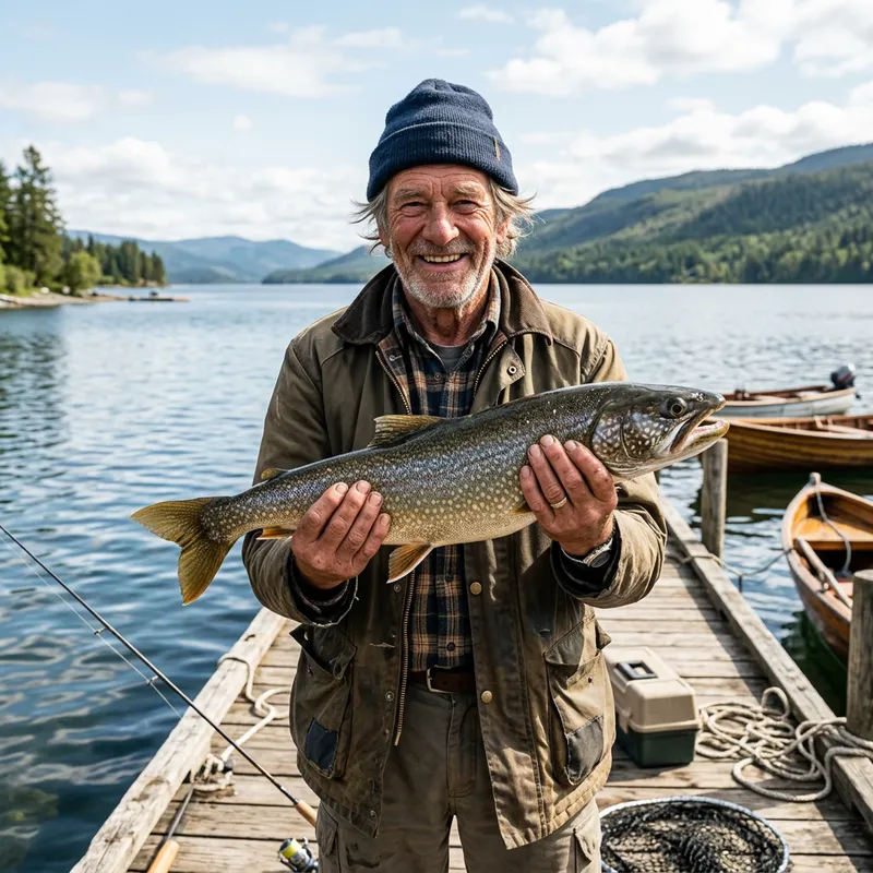 Photorealistic Picture of Proud Old Fisherman Holding Fish