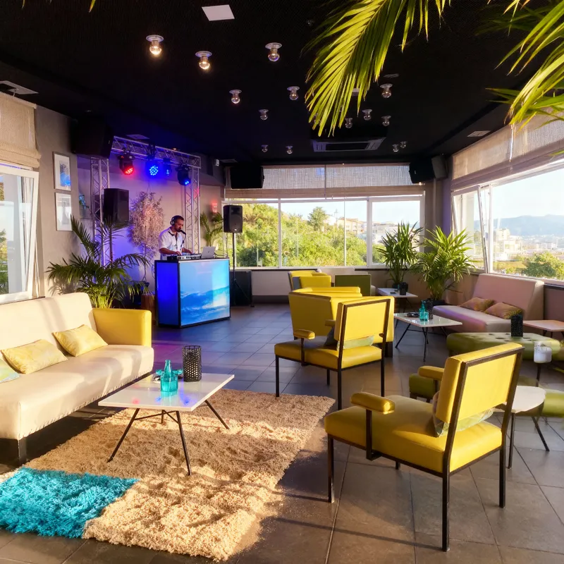 Event Room Decor with DJ Booth and Beach Vibe