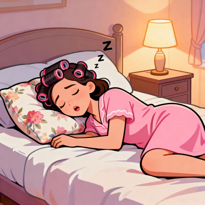 Cartoon Woman Sleeping with Hair Rollers