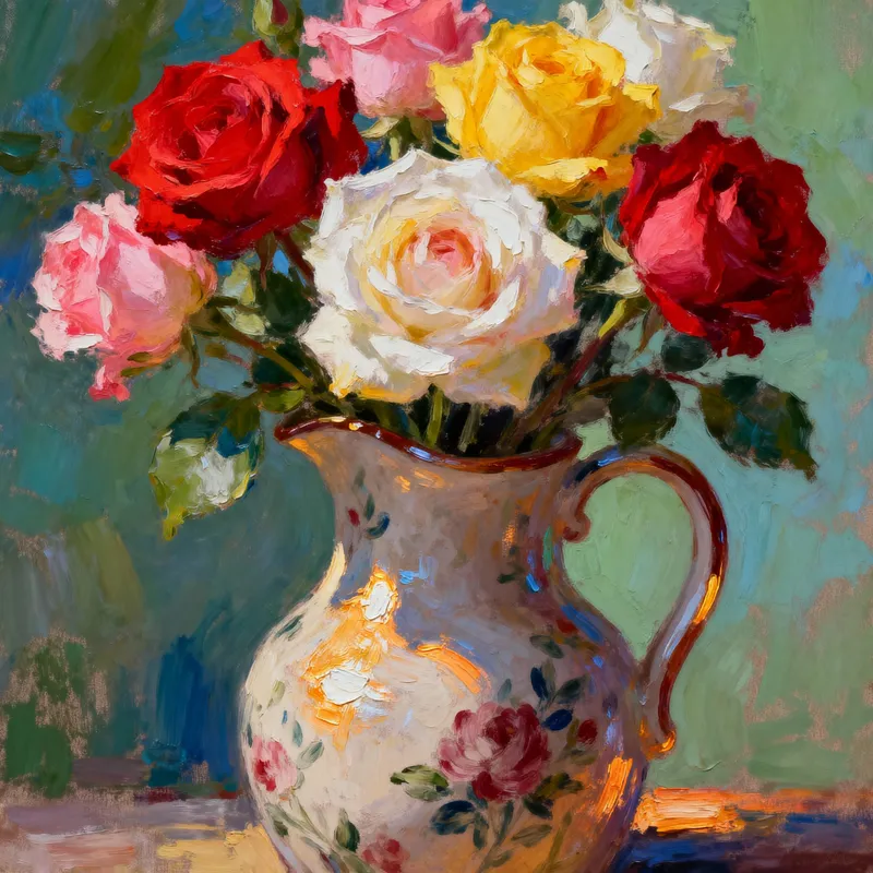 Stunning Oil Painting of a Vase with Colorful Roses