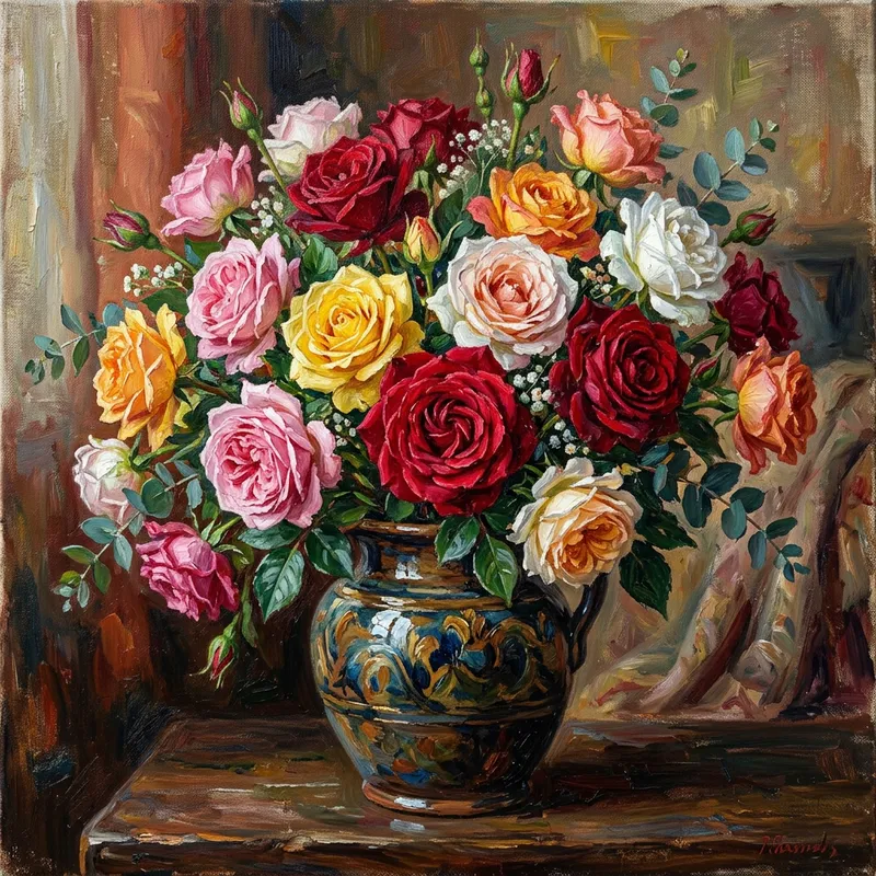 Stunning Oil Painting of a Vase with Colorful Roses