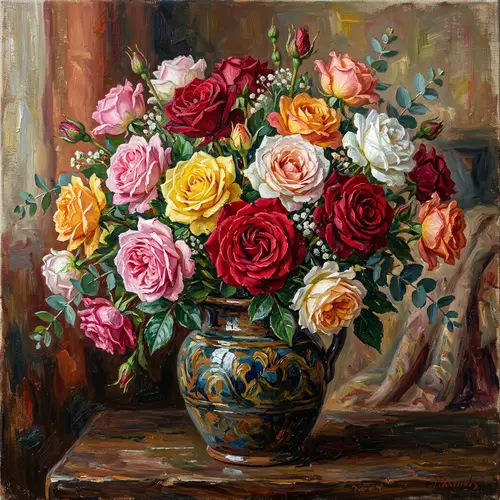 Stunning Oil Painting of a Vase with Colorful Roses