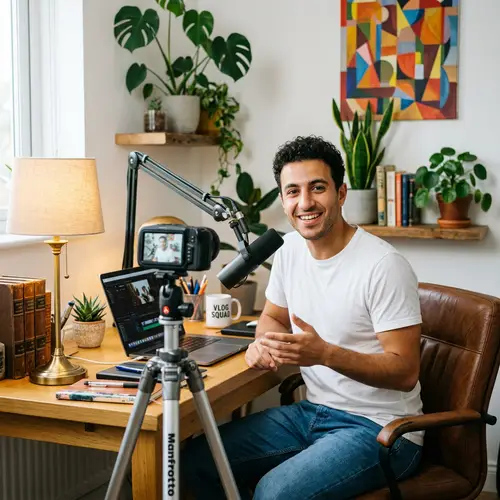YouTube Vlog Setup: Sophisticated Camera, Microphone, and Stylish Décor