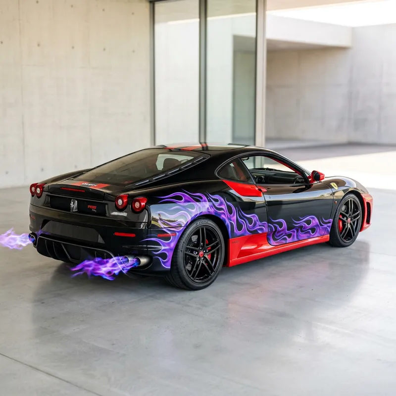 Sleek Black & Red Ferrari F430 with Unique Violet Flames