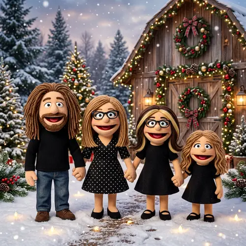 Whimsical Christmas Felt Puppet Family Illustration