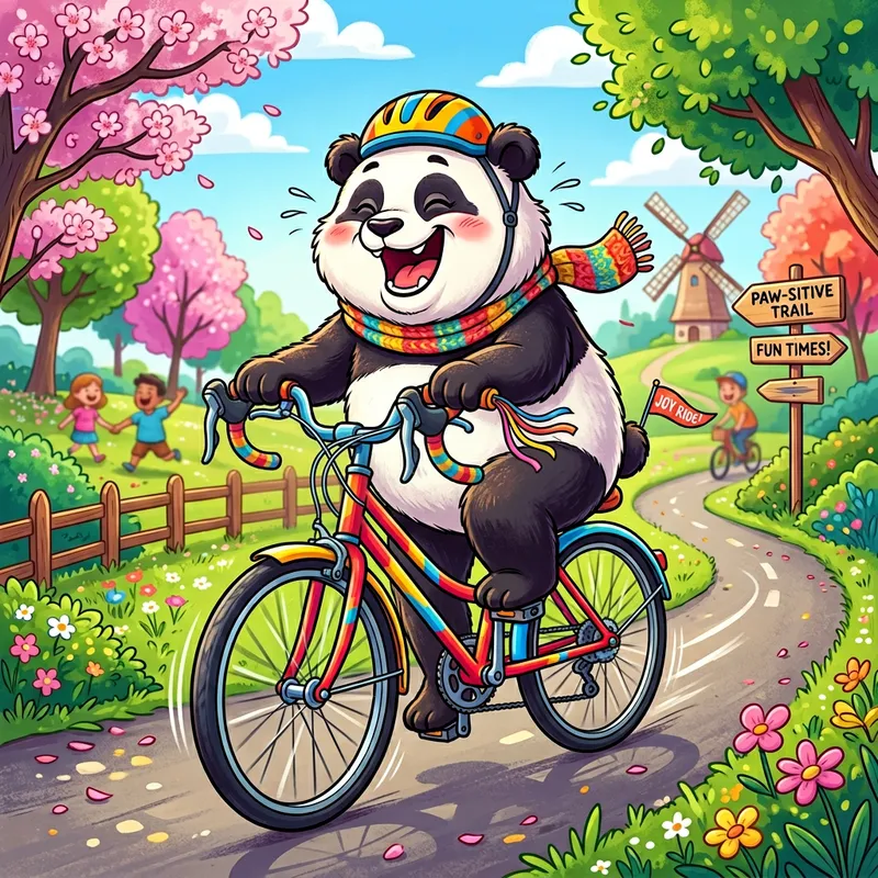 Happy Panda Riding Road Bike - Cute Cartoon Illustration
