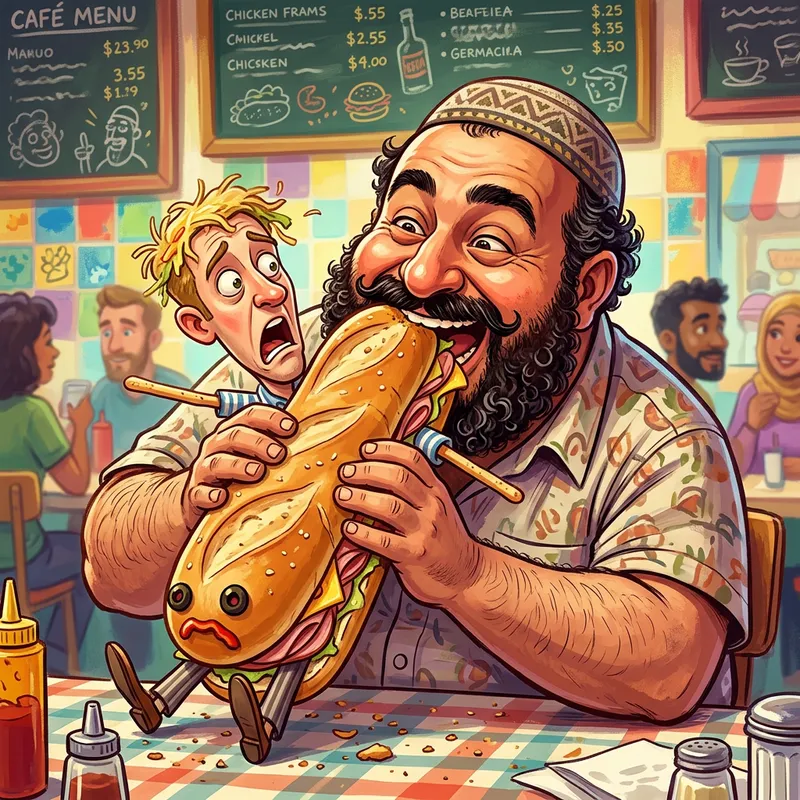 Hilarious Illustration of a Man Eating a Sandwich