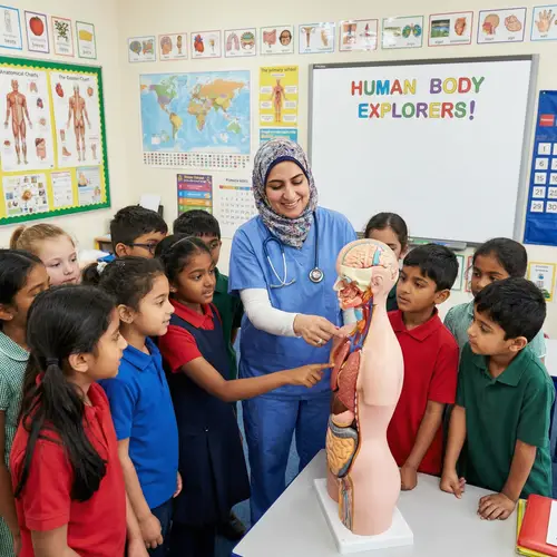 Middle-Eastern Female Surgery Professor Educating Diverse Primary School Children