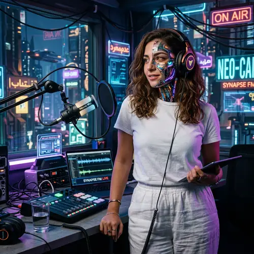 Cyberpunk Style 24-Year-Old Woman in Futuristic Podcasting Studio