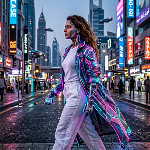 Confident Middle-Eastern Woman: Futuristic Cyborg in Urban Setting