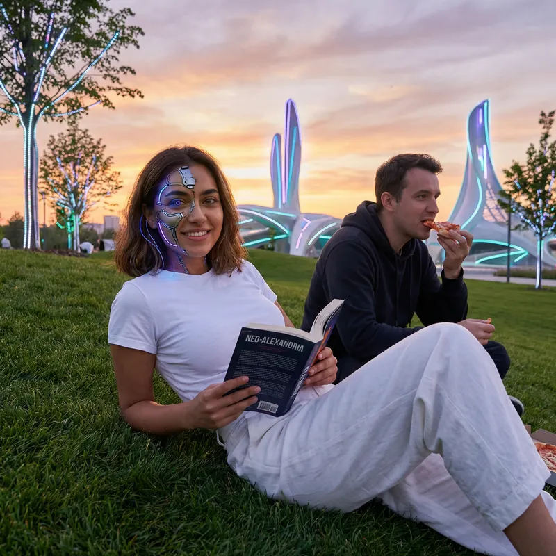 Futuristic Middle Eastern Woman with Shoulder-length Brown Hair Reading Book in Neon Park