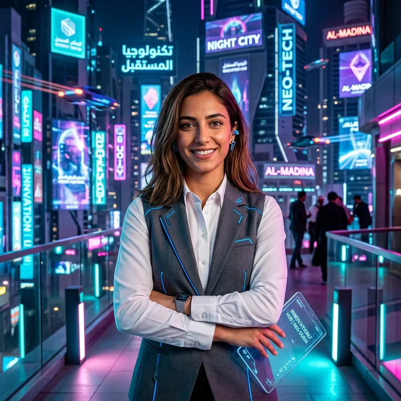 Neon Cyberpunk Futuristic Middle-Eastern Woman in White Shirt with Grey Vest
