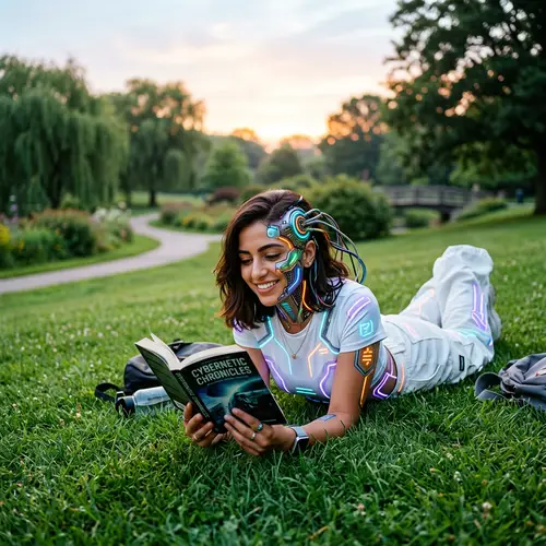Futuristic Middle-Eastern Woman with Robotic Features Reading in Park