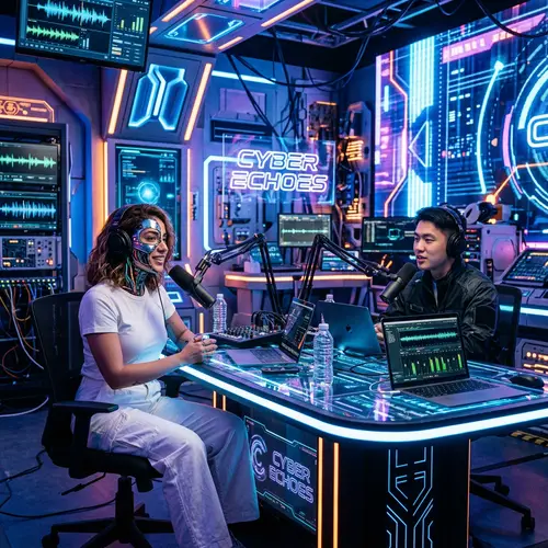 Futuristic Middle-Eastern Woman with Robotic Features Making Podcast in Neon-Colored Room