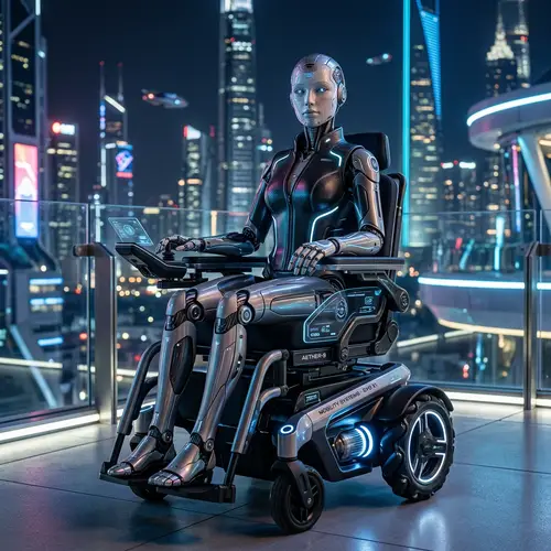 Futuristic AI Robot on Advanced Wheelchair: Mobility & Artificial Intelligence
