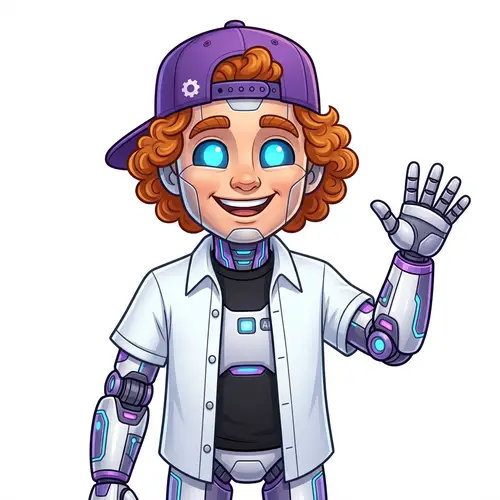 Friendly Male AI Robot with Curly Hair and Purple Snapback Hat