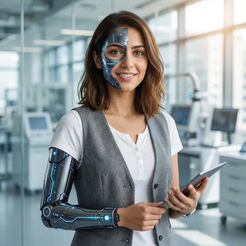 Futuristic Half-Cyborg Woman in Cyberpunk Attire