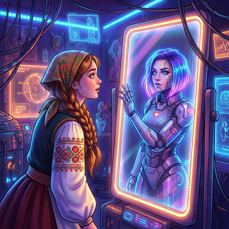 Confident Cyberpunk Woman in Futuristic Reflection