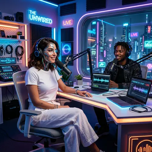 Futuristic Middle-Eastern Woman in Robotic Interface Podcast Scene