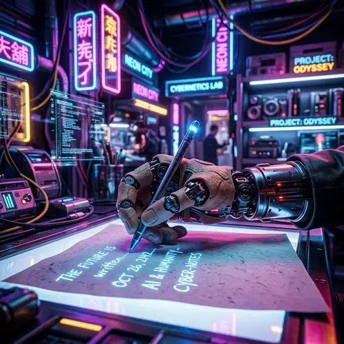Futuristic Human Robotic Hand Writing Scene with Neon Colors
