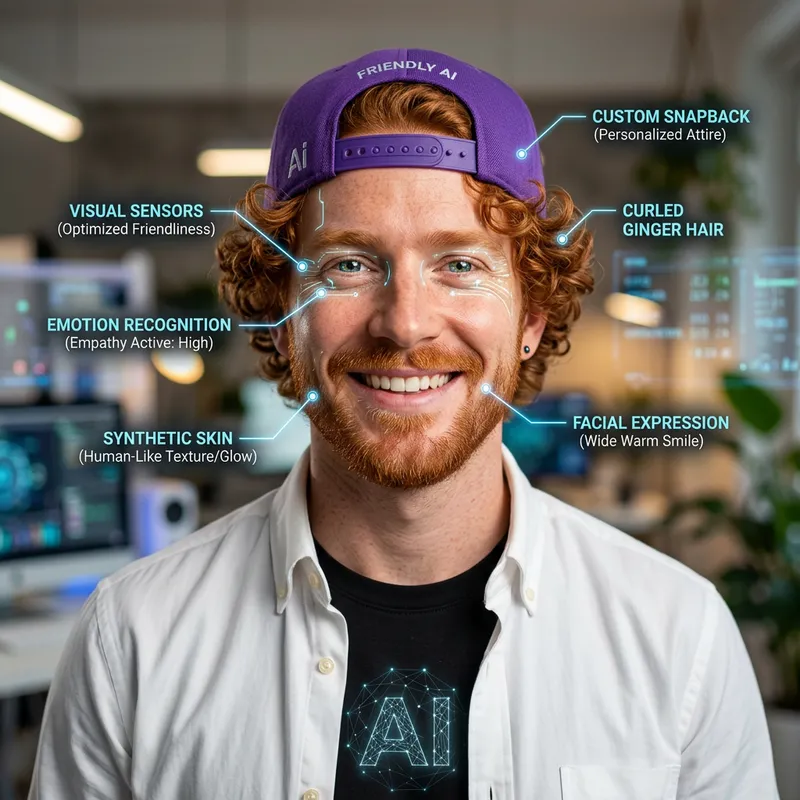 Smiling Male AI with Ginger Curly Hair & Purple Snapback