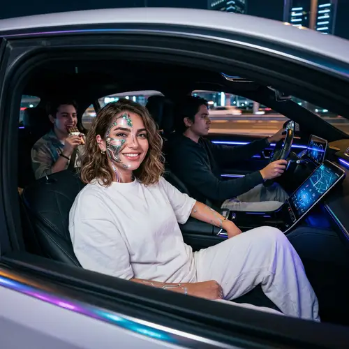 Futuristic Middle Eastern Woman Embracing Happiness in Car Scene