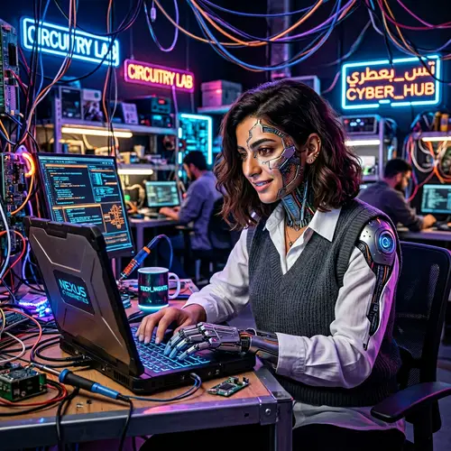 Futuristic Middle-Eastern Woman Working on Laptop in Neon Environment