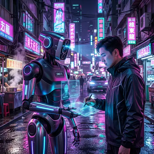 Futuristic Neon AI Robot Obtaining Signature - Cyberpunk Inspired
