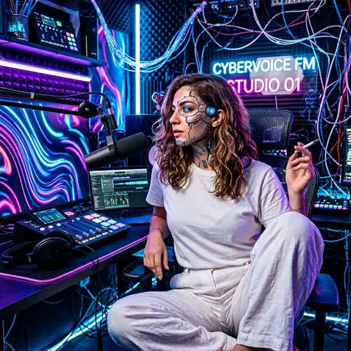 Modern Middle-Eastern Woman with Semi-Cybernetic Face and Podcasting Setup