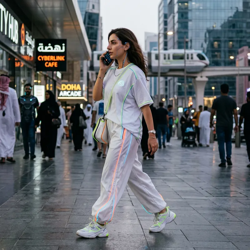 Smart and Futuristic Middle Eastern Woman: Half-Robotic Beauty in Neon White Outfit Smart and Futuristic Middle Eastern Woman: Half-Robotic Beauty in Neon White Outfit