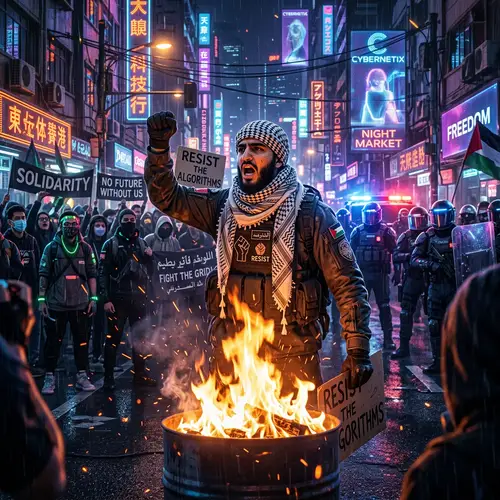 Dynamic Cyberpunk Street Protest with Keffiyeh and Bonfire