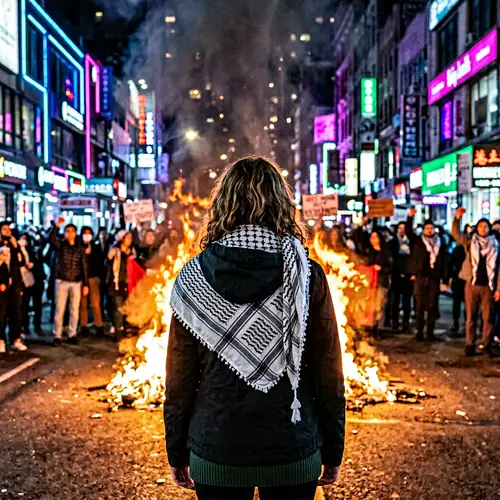 Resilient Woman Stands Amidst City Protest | Fiery Scene