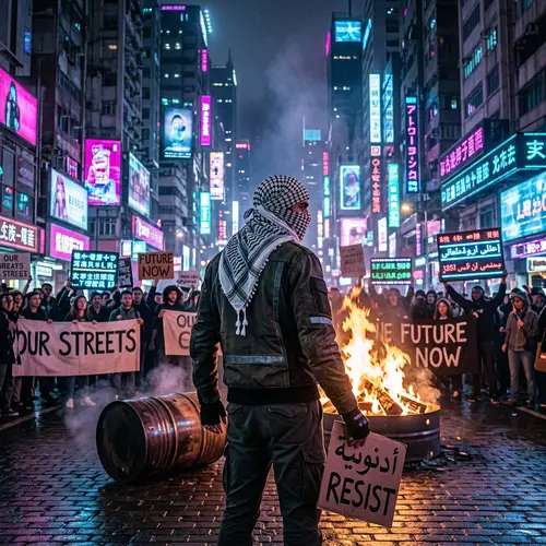 Cyberpunk-themed Street Protest with Defiant Figure and Roaring Fire