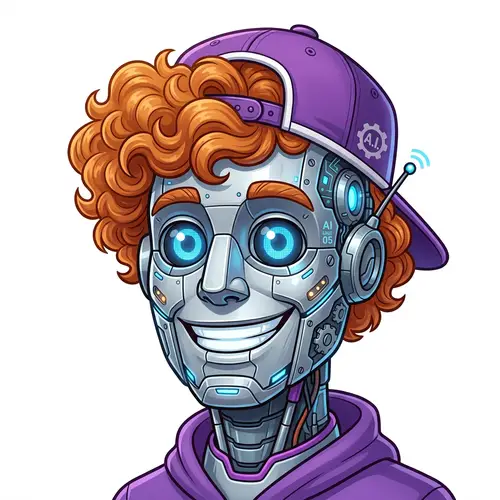 Friendly and Fun Male Robot with Ginger Curly Hair in Purple Hat